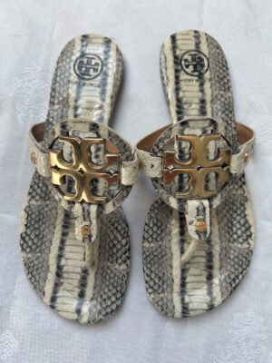 68 TB(3) Tory Burch Miller Snake Print Flat Sandals